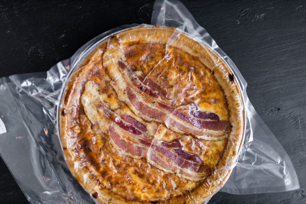 Quiche with caramelized onions, bacon and maple